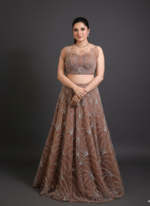 Mocha Net Lehenga with Wave-Pattern Embroidery
