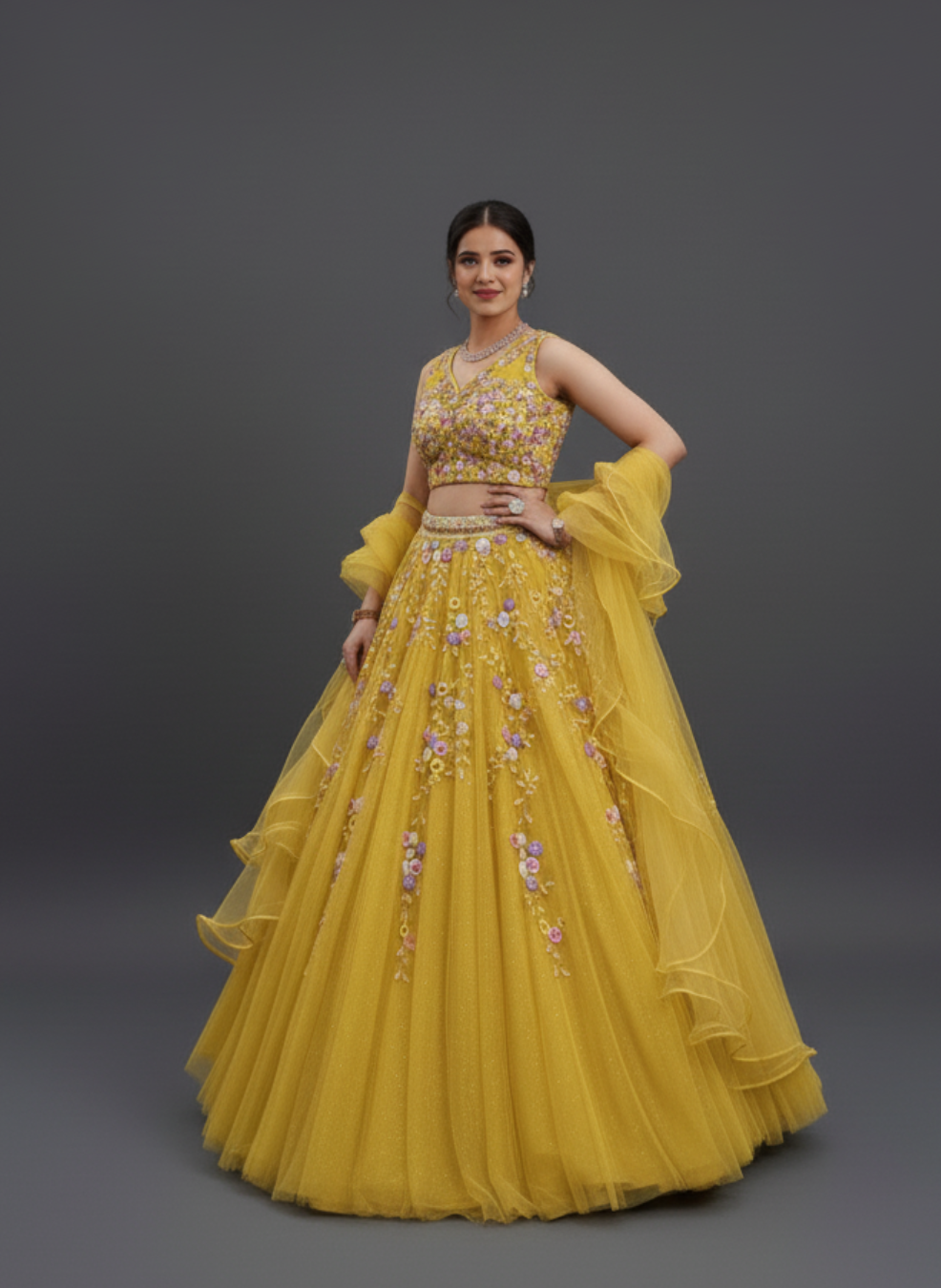 Haldi Yellow Net Lehenga with Multi-Color Thread Work