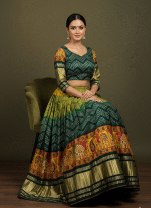 Green Silk Lehenga with Traditional Print and Zari Border