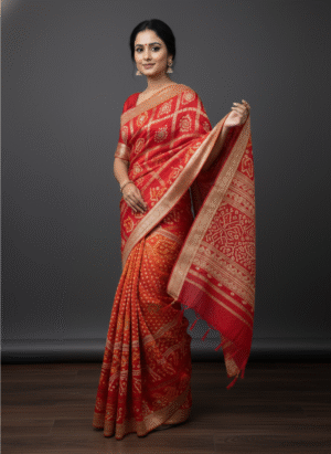 Red & Orange Georgette Bandhej with Banarasi Zari
