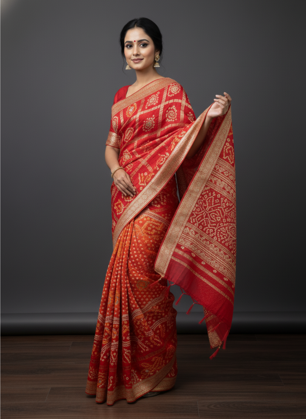 Red & Orange Georgette Bandhej with Banarasi Zari