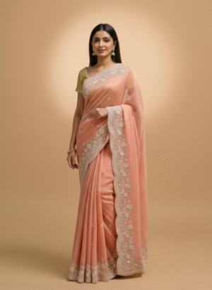 Peach Organza Hand Zardozi Saree