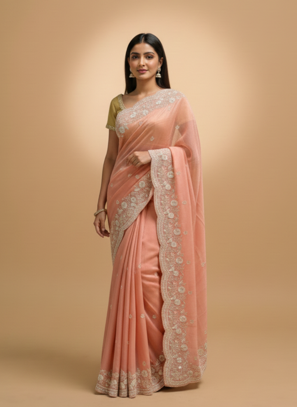 Peach Organza Hand Zardozi Saree
