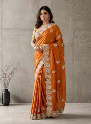 Regal Orange Satin Embroidered Saree