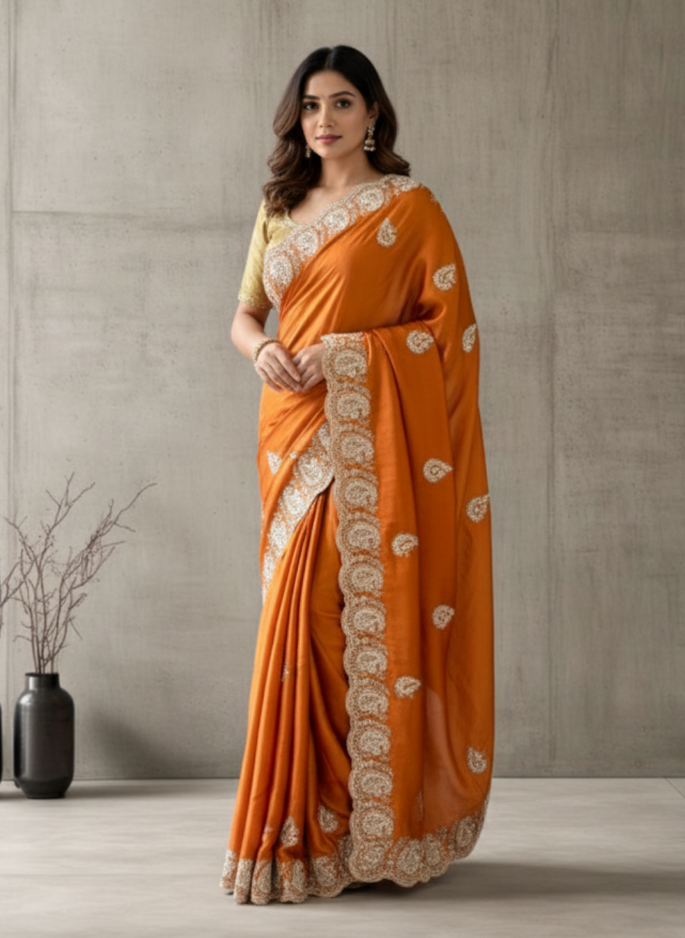 Regal Orange Satin Embroidered Saree