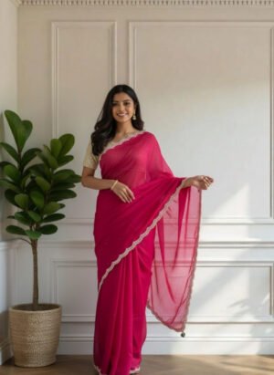Rani Pink Muslin Organza Stone Saree