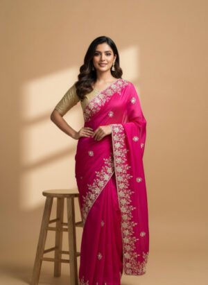 Vibrant Pink Crepe Embroidered Saree