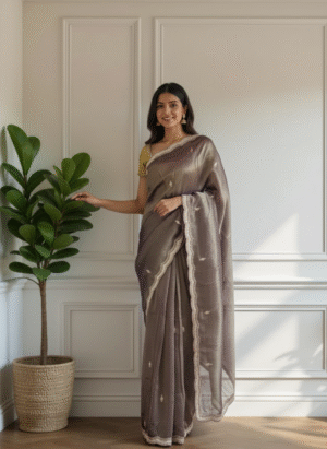 Smoky Mauve Tissue Handwork Saree