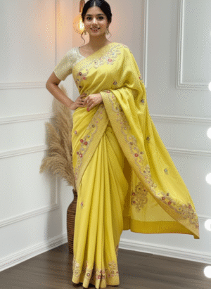 Vibrant Yellow Zardozi Silk Saree