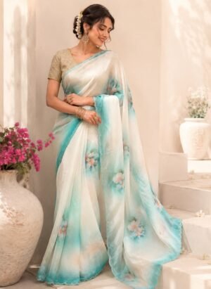 Aqua Floral Organza Chiffon Saree with Handwork Border.