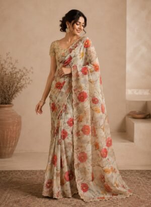 Floral Print Chinon Crepe Saree with Handwork Border | Mansa Sarees