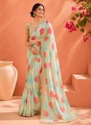 Aqua Floral Organza Chiffon Saree with Handwork Border.