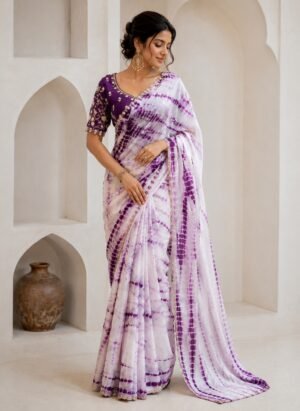 Purple Tie-Dye Pure Muslin Saree with Handwork Border | Mansa Sarees