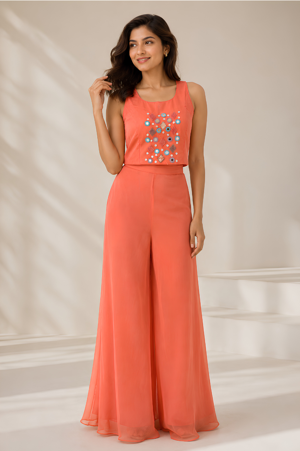 Peach Shrug Set in Chinon Crepe with Mirror & Thread Work Peach co-ord set with embroidered crop top and palazzo pants without shrug by Mansa Sarees
