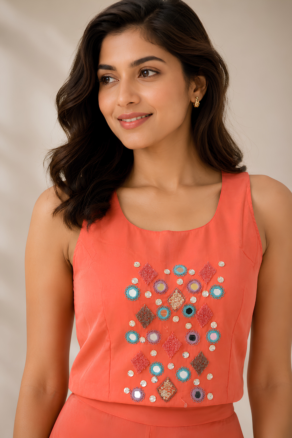 Peach Shrug Set in Chinon Crepe with Mirror & Thread Work Mirror hand thread work crop top on Peach Shrug Set in Chinon crepe for festive outfits