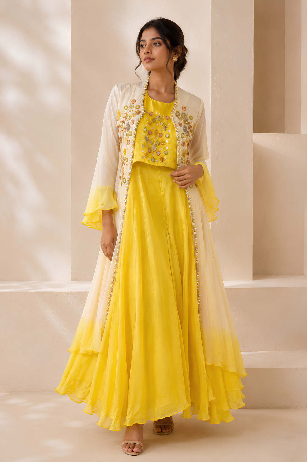 Yellow Shrug Set in Chinon Crepe with Mirror & Thread Work Women's yellow embroidered shrug set with flowing jacket and flared silhouette from Mansa Sarees