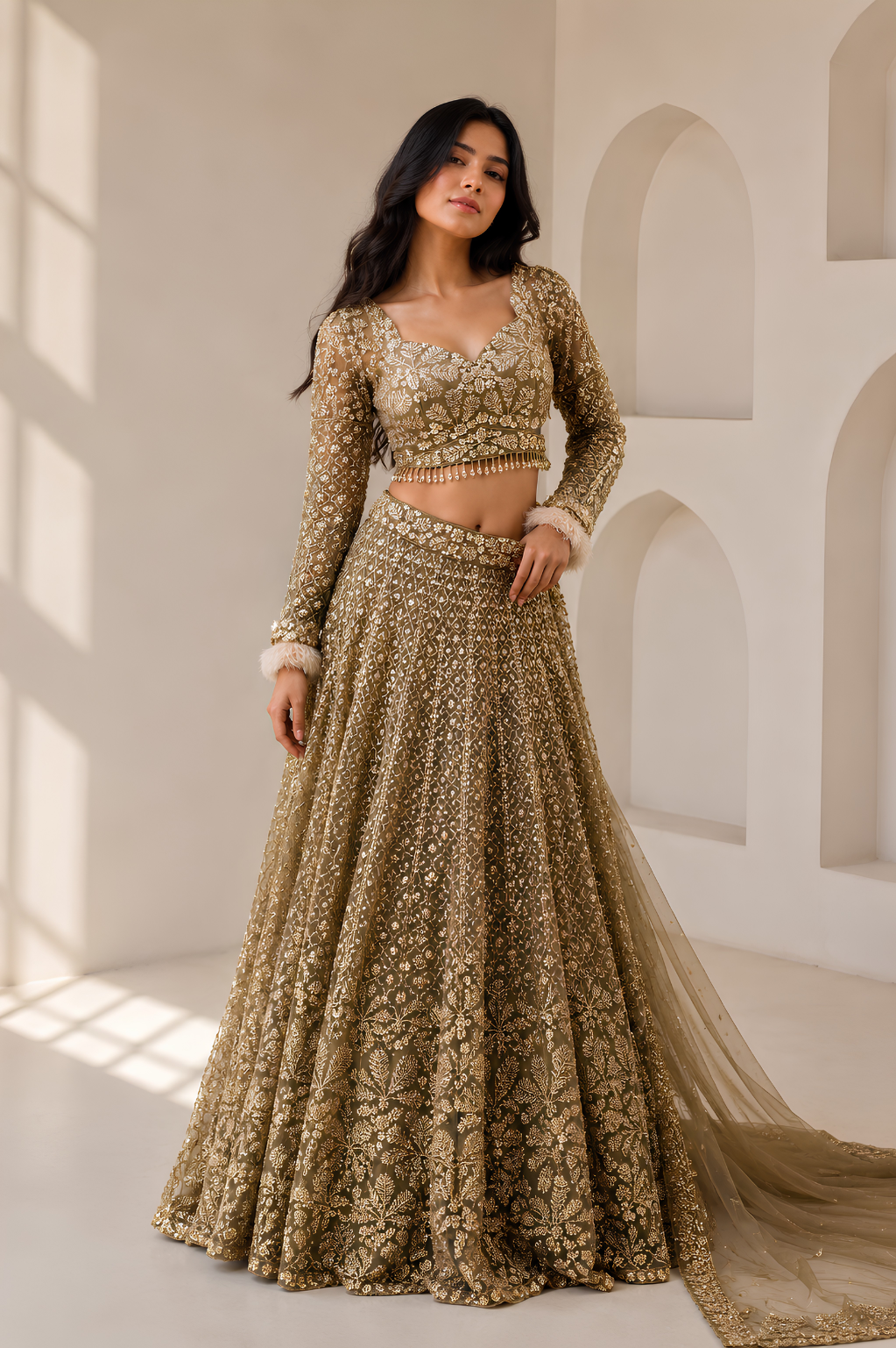 Beige Net Bridal Lehenga with Sequin Cutdana Work Side profile of beige sequin cutdana bridal lehenga in net fabric with flowing silhouette and embroidered dupatta