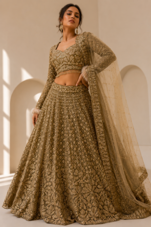 Beige net bridal lehenga with sequin cutdana embroidery and full-sleeve blouse