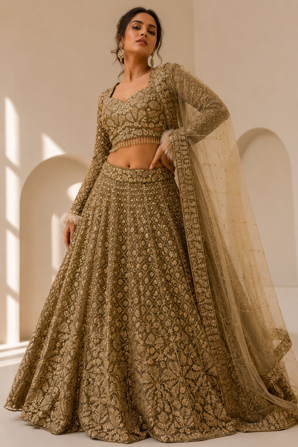 A graceful front view highlighting the complete bridal ensemble.