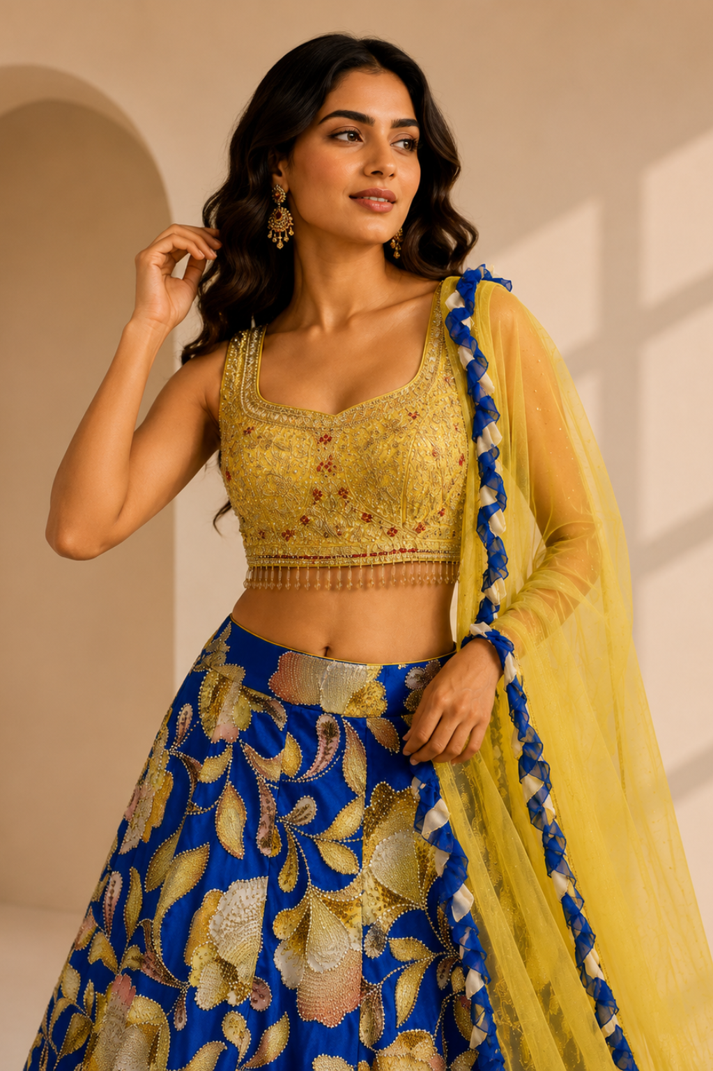 Blue Wedding Lehenga in Chinon Crepe with Zardozi Work Model wearing a royal blue designer wedding lehenga with statement jewelry by Mansa Sarees