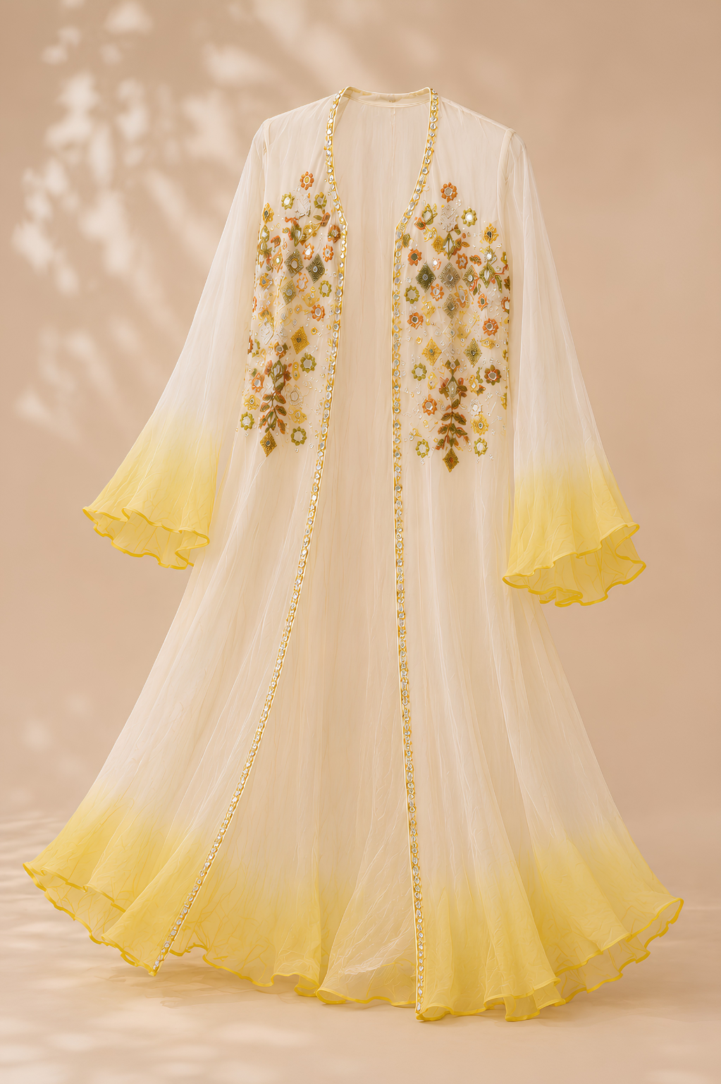 Yellow Shrug Set in Chinon Crepe with Mirror & Thread Work Sheer yellow embroidered shrug with flared sleeves and mirror detailing from Mansa Sarees Yellow Shrug Set